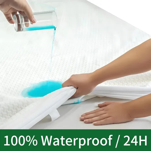 Vista 2 de Protector de colchón tamaño individual 100% impermeable, transpirable, refrescante, 3D, de viscosa de bambú, hipoalergénico, sábana bajera elástica