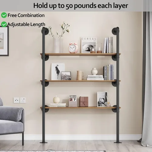 Vista 6 de Pynsseu Estante Industrial de Tubo de Hierro para Montaje en Pared, Estantería Abierta DIY de Granja, Estantes de Tubo para Cocina Baño, Librerías