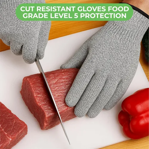 Vista 5 de Tabla de cortar de acero inoxidable, paja de trigo de doble cara y tabla de cortar de acero con guantes resistentes a cortes, tabla de cortar