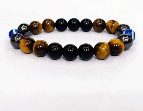Vista 2 de Pulseras de triple protección con piedra de ojo de tigre de obsidiana negra con hematita para hombres y mujeres, pulsera de piedra curativa