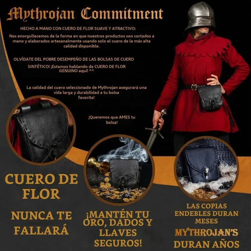 Vista 4 de Mythrojan - Bolso de Cintura de Cuero Vikingo - Accesorios para Vestimenta Medieval y Renacentista - Bolso de Cintura LARP - Bolso de Monedas