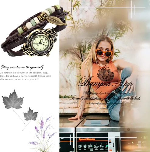 Vista 7 de Avaner Reloj de pulsera de cuero vintage hecho a mano con diseño de hoja de árbol para mujer
