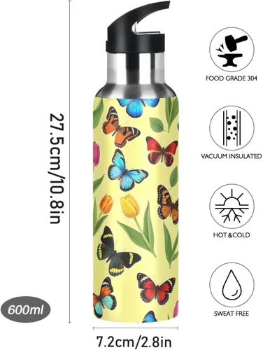 Vista 9 de Stainless Steel Vacuum Insulated Water Bottle 32 Oz, Leakproof Water Bottles for Gym Outdoor Travel School, Colorful Butterflies Tulips Yellow
