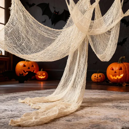 Vista 5 de Qtisky Juego de 5 telas de gasa espeluznante de Halloween, tapiz de gasa de Halloween beige para interiores y exteriores, decoraciones espeluznantes
