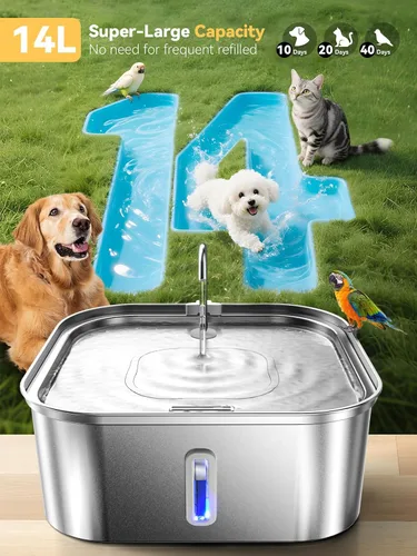 Vista 2 de Fuente de agua grande para perros de 14 litros/3.7 galones, fuente de acero inoxidable para perros grandes y familias de múltiples mascotas, ventana