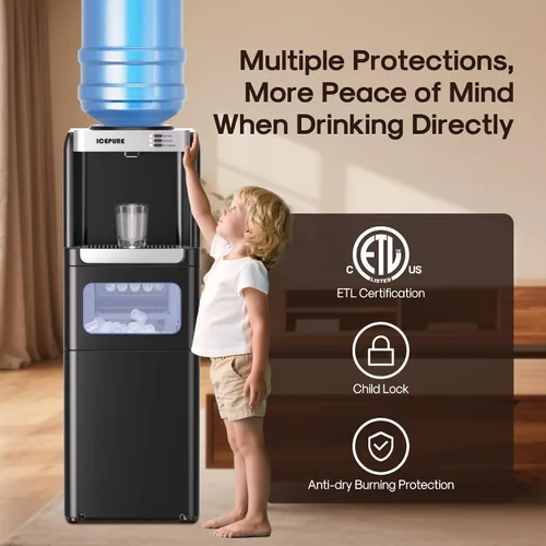 Vista 3 de ICEPURE Dispensador de agua 3 en 1 con máquina de hielo integrada, dispensador de enfriador de agua para carga superior de botella de 5 galones
