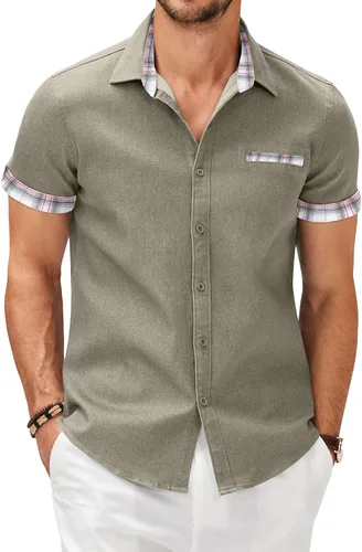Vista 20 de COOFANDY Camisas casuales de manga corta de algodón con botones para hombre Verde militar