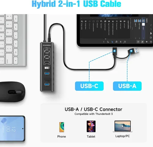 Vista 4 de Concentrador USB alimentado, concentrador USB 3.2/USB C de 7 puertos Rosonway con USB-A 3.2 de 10 Gbps, 2 USB-C 3.2, 4 puertos USB 3.0