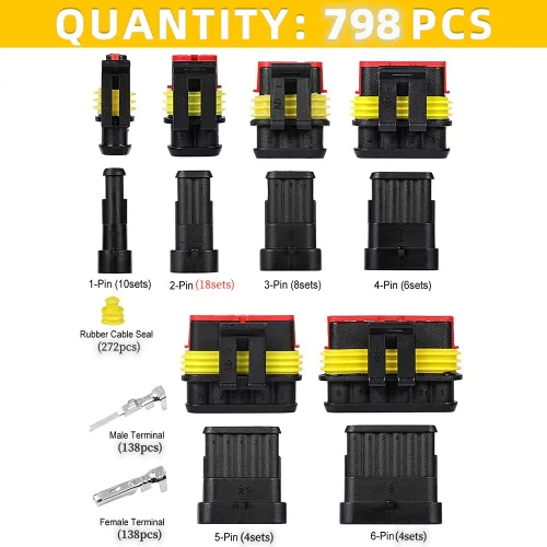 Vista 2 de 798Pcs 50 Kits de terminales de conectores eléctricos impermeables para automóviles 1/2/3/4/5/6 Pin macho y hembra, kit de conectores de cable