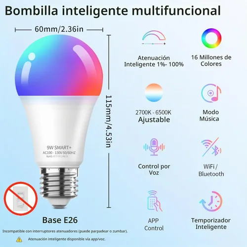 Vista 2 de Bombillas LED inteligentes Meliya, cambio de color regulable y temporización, WiFi y Bluetooth inteligentes, compatibles con Alexa y Google