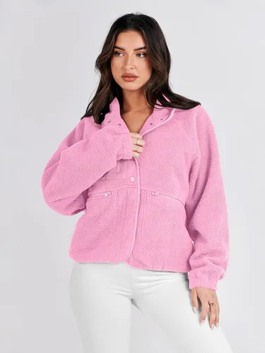 Vista 7 de ANRABESS Chaqueta de forro polar para mujer, con botones, informal, sherpa, recortada, abrigo, abrigo, con bolsillos