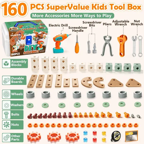 Vista 8 de Kids Tool Set with Drill & Toolbox, 160PCS STEM Construction Building Toys
