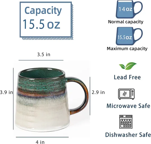 Vista 2 de Taza de Café Grande de Cerámica, Tazas de Cerámica Hechas a Mano, Tazas de Té con Asa Grande para Oficina y Hogar, 15.5 oz, Apta para Lavavajillas