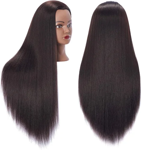 Vista 11 de Hairingrid Cabeza de maniquí de 26 a 28 pulgadas, para entrenamiento de peinado, cosmetología, cabeza de muñeca, pelo de fibra sintética y soporte