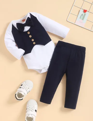 Vista 7 de Ropa de bebé recién nacido, trajes de caballero, mameluco de manga larga, traje de esmoquin con corbatín