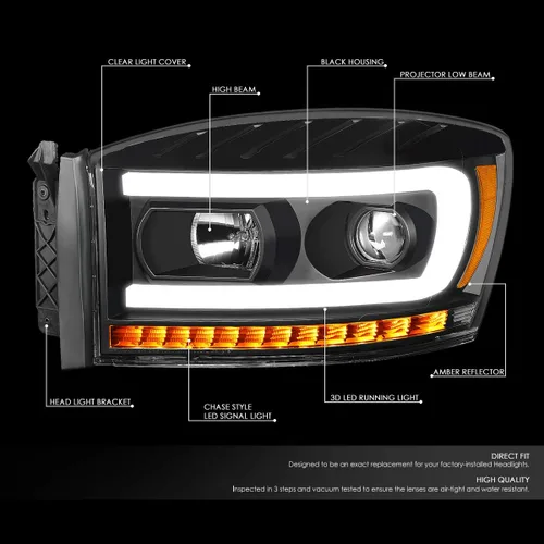 Vista 19 de DNA MOTORING HL-HPL-RM06-G-CH-AM LED U-Bar DRL Faros de señal de giro perseguidores compatibles con Dodge Ram 1500 06-08/Dodge Ram 2500 3500 06-09