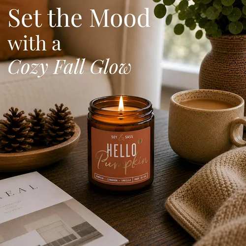 Vista 7 de Vela de especias de calabaza, velas de otoño, vela de calabaza 'Hello Pumpkin', velas de soja perfumadas de otoño para el hogar, velas perfumadas