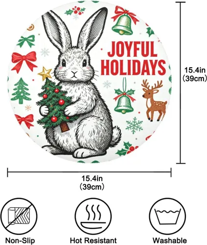 Vista 4 de Mantel individual verde con diseño de conejo de Feliz Navidad 15x15 en manteles para mesa de comedor