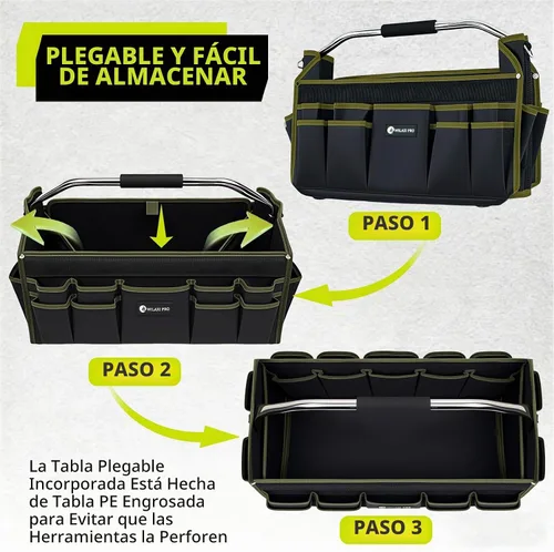 Vista 4 de Bolsas de herramientas plegables de boca abierta de 20 pulgadas para hombres de servicio pesado, portaherramientas rígido con asa, bolsa