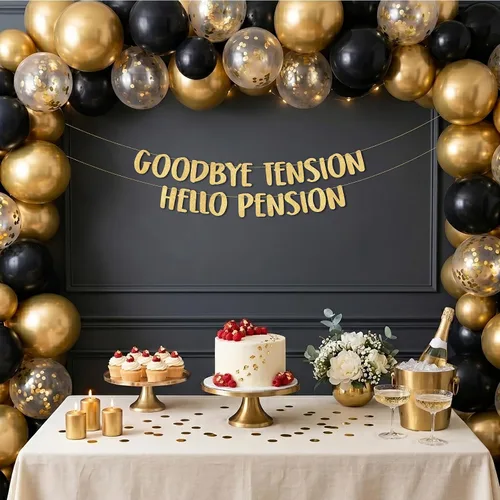 Vista 2 de Cartel de purpurina dorada preencordada de Goodbye Tension Hello Pension - Divertidas decoraciones de jubilación para hombres y mujeres