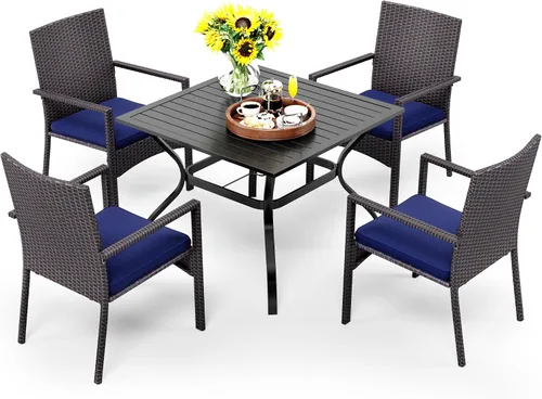 Vista 15 de PHI VILLA Juego de comedor al aire libre de 5 piezas para 4, mesa de comedor cuadrada de metal y sillas de mimbre de ratán con cojines, muebles