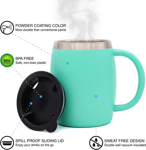 Vista 2 de Juego de 2 tazas de café aisladas de acero inoxidable (14 onzas) de doble pared con tapa y asa resistentes a derrames, tazas inastillables