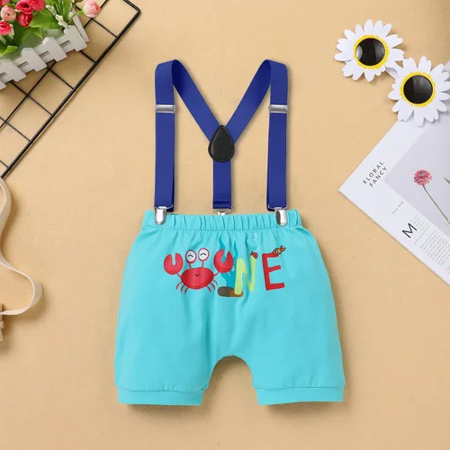 Vista 5 de IMEKIS Conjunto de ropa para bebé niño con estampado de pastel de 1er cumpleaños con corbatín + tirantes + pantalones cortos + corona de baloncesto