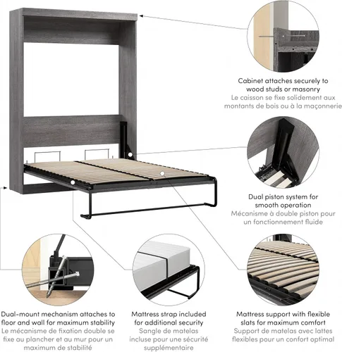 Vista 9 de Bestar Cama Murphy completa, gris corteza, pur, 59 W
