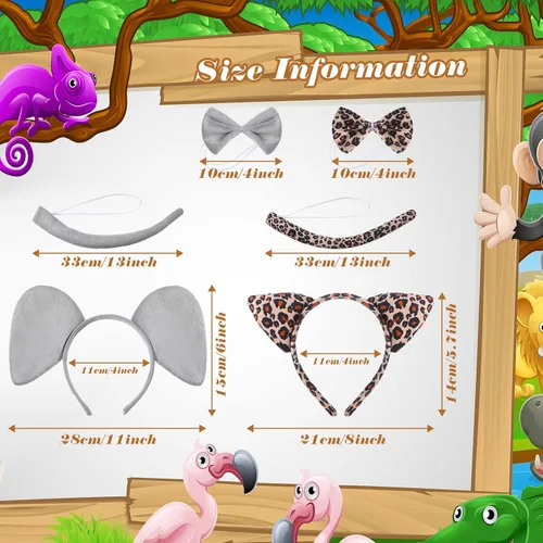 Vista 2 de 2 Sets Animal Costume Set Lion Tiger Zebra Giraffe Leopard Elephant Costume Accessory Include Ears Headband Bow Tie Tail