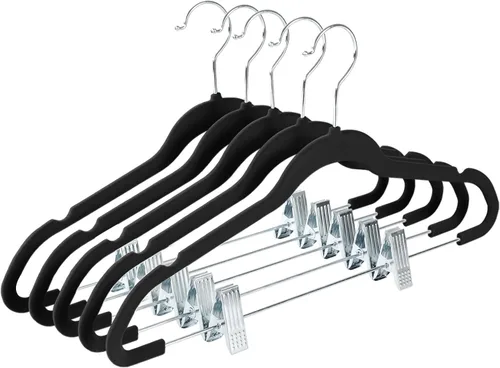 Vista 19 de MIZGI - Perchas premium de terciopelo negro para pantalones con clips ajustables (paquete de 20) Perchas delgadas para faldas - Perchas Negro/Negro