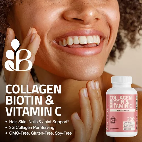 Vista 3 de Bronson Péptidos de colágeno 3000mg (por porción) con biotina y vitamina C - para el apoyo del cabello, la piel y las uñas, sin OGM, 90 tabletas