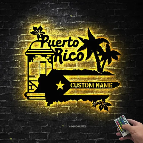 Vista 2 de Arte de pared de metal con bandera de Puerto Rico personalizado, luz LED, letrero de nombre personalizado para amantes de Puerto Rico, decoración