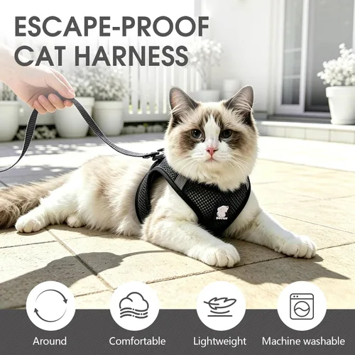 Vista 5 de Heywean Arnés y correa para gatos a prueba de escape, suave malla transpirable chaleco para caminar para gatitos, juego de arnés ajustable con tira