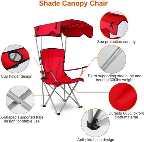 Vista 6 de iMounTEK Silla de campamento plegable con toldo para campamento con sombra, protección solar, sillón reclinable con bolsa de transporte, asiento