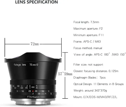 Vista 5 de TT Artisan F2.0 APS-C - Lente de ojo de pez (0.3 in F2.0 APS-C, montura E, lente ultra gran angular negra con ángulo de visión de 180 grados)