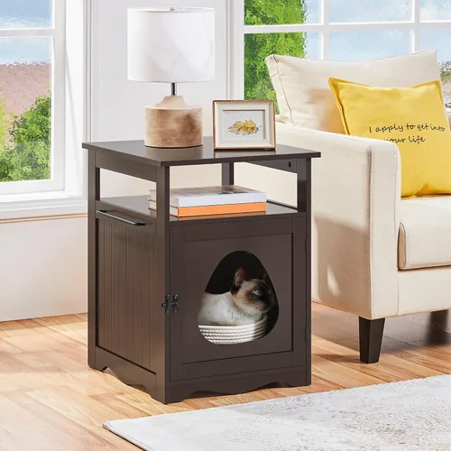 Vista 2 de Yaheetech Caja de Arena para Gatos Oculta, Mueble de Caja de Arena Oculta con Estante Abierto, Baño Interior para Gatos, Gabinete de Almacenamiento