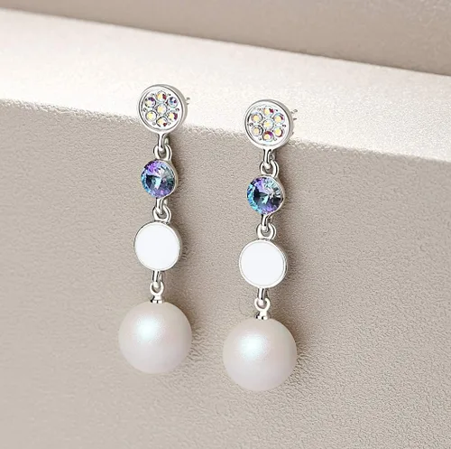 Vista 2 de Aretes largos colgantes hechos con perlas de cristal de Swarovski, regalos para mujeres, multicolor, tono plateado