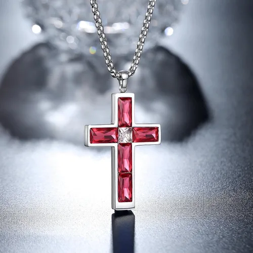 Vista 19 de Collar de cruz para hombre, piedras preciosas de color piedra natal de circonita cúbica, collar de acero inoxidable para hombre, cadena de 24