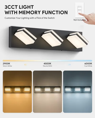 Vista 2 de VONLUCE Lámpara de tocador de baño, 3 luces LED modernas de tocador, luz de baño ajustable 3CCT con función de memoria, pantallas giratorias