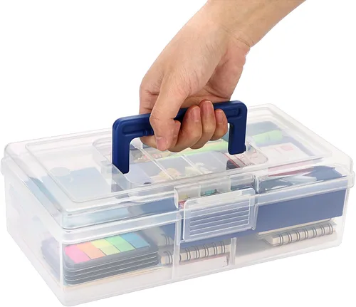 Vista 5 de BTSKY Caja de almacenamiento de plástico transparente con bandeja extraíble, caja de almacenamiento de artículos de papelería multiusos con asa Azul