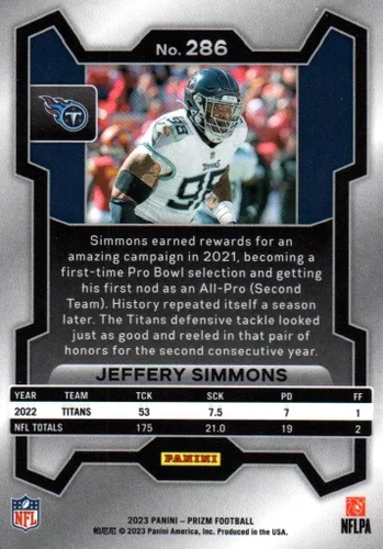 Vista 2 de Jeffery Simmons Prizm Collectible Football Card- 2023 Panini Prizm Football Card #286 (Titans)