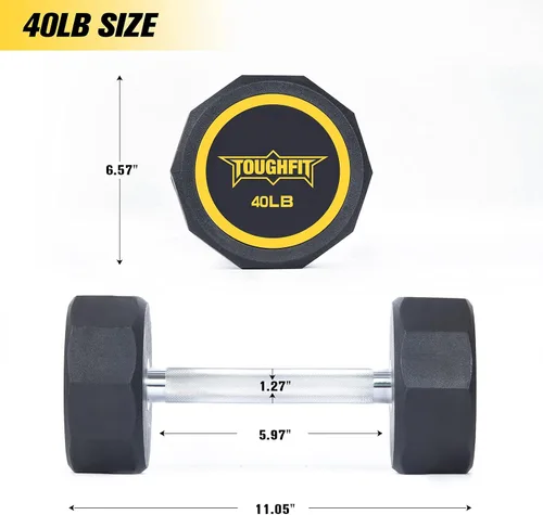 Vista 2 de ToughFit Decagon - Juego de mancuernas negras con revestimiento PEV, pesas libres con mango de hierro moleteado antideslizante en pares
