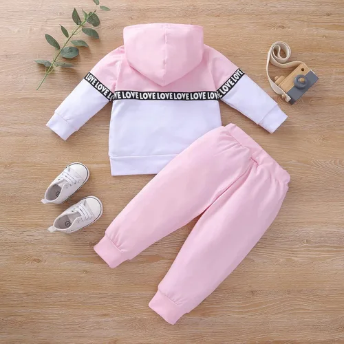 Vista 2 de PATPAT Conjunto de ropa para niños y niñas, sudadera con capucha con estampado de letras de amor, conjunto de bloque de color, conjunto de traje