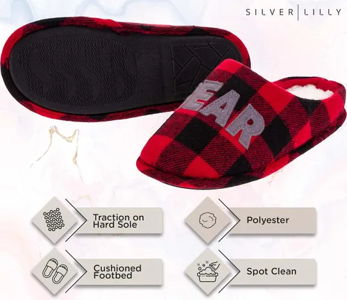 Vista 4 de Pantuflas mullidas para mamá, Pappa, Lil Bear para mujeres, hombres y niños, zapatos de casa a cuadros para interiores y exteriores, suela dura