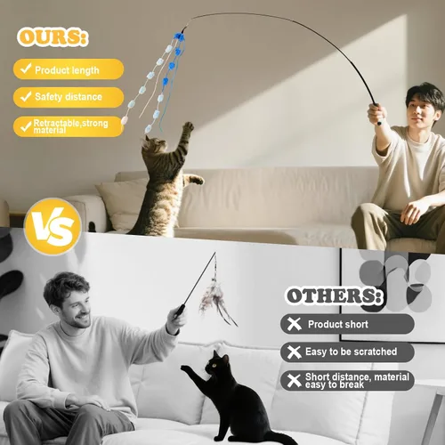 Vista 4 de Juguete de varita para gatos, 8 piezas retráctiles de felpa Srtip para gatos, juguetes con campana y cuerda, juguetes interactivos largos