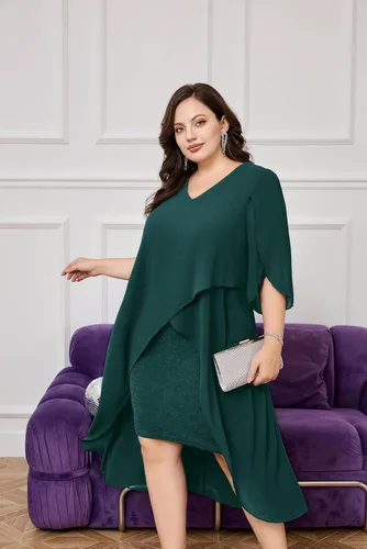 Vista 4 de Hanna Nikole Vestido de cóctel de gasa para mujer, talla grande, con volantes, manga 34, vestidos de fiesta de invitados de boda con dobladillo alto