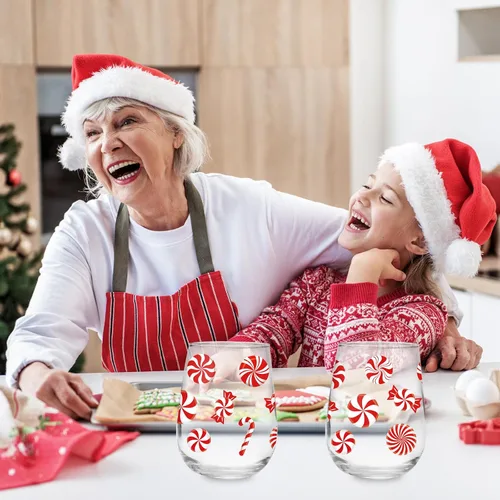 Vista 6 de Whaline 2 copas de vino sin tallo de Navidad de 17 onzas con tema de caramelo de Navidad, vasos de bastón de caramelo, vasos para suministros