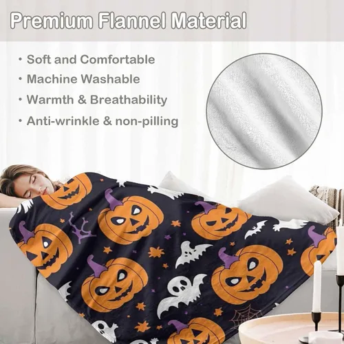 Vista 5 de D-Story Manta de vellón de Halloween, manta de calabaza de otoño para sofá, cama, habitación, regalos de Acción de Gracias para niños y adultos, 50