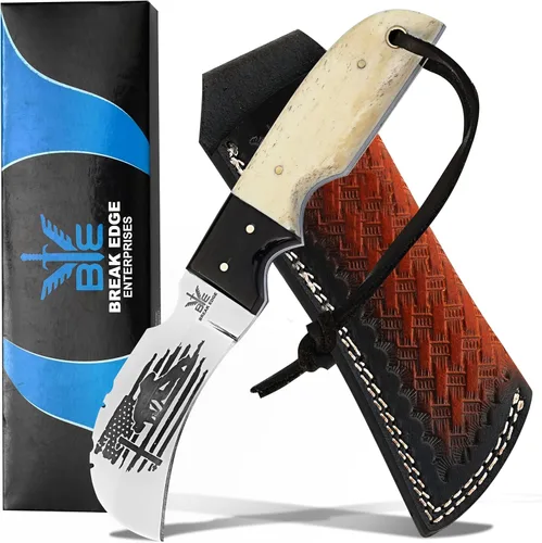 Vista 15 de Cuchillo de Hawkbill de Lineman hecho a mano de acero 1095 con funda de cuero, cuchillo de utilidad resistente para electricistas y pelado de cables