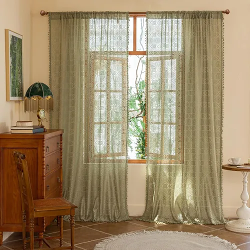 Vista 21 de YJ YANJUN - Cortinas de café boho, 24 pulgadas de largo, 2 paneles, cada una de 59" de ancho x 24" de largo, beige, con crochet, cortinas de cocina